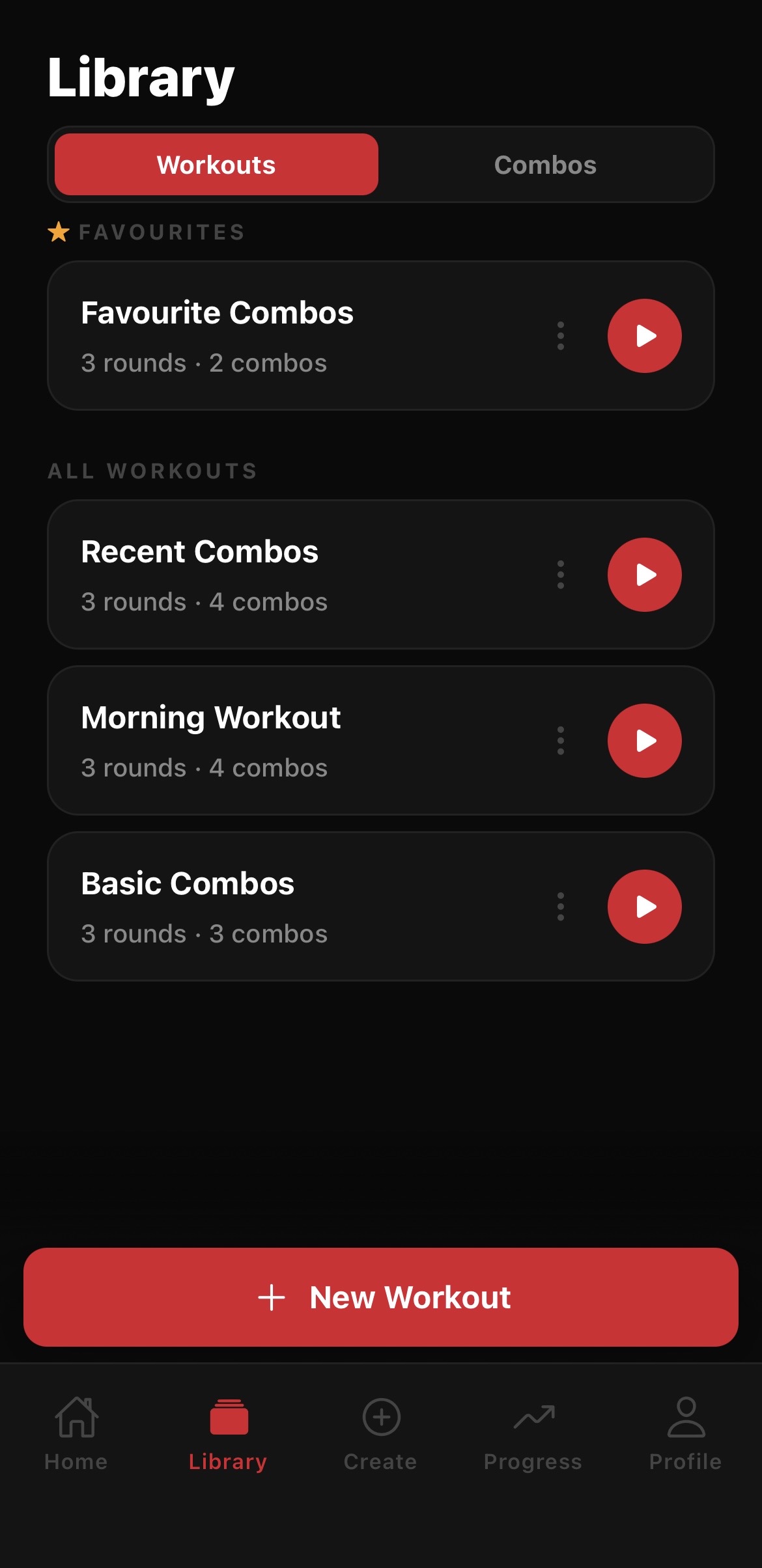 Bagwork app workouts library screen showing saved workouts